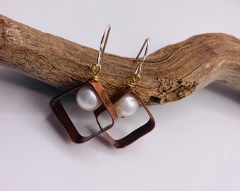 Square Copper Pearl Earrings Rustic Boho Earrings