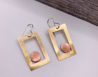 Bimetal Rectangle Earrings, Boho Chic Earrings, Copper Brass Earrings, Cool Shape Earrings