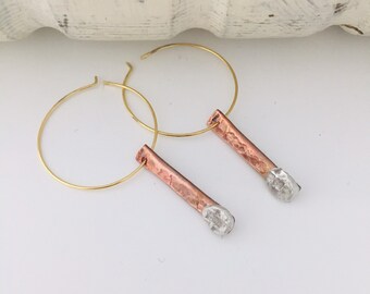 Brass Hoop Earrings, Mixed Metal Earrings , Dangle Earrings, Organic Shaped Copper Earrings