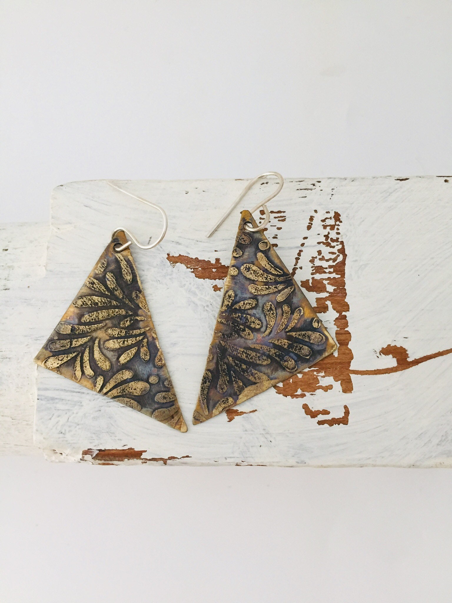 Etched Brass Triangle Shaped Earrings Patina Unique Earrings Etsy