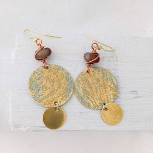Double Disc Brass Earrings, Textured Earrings, Patina Earrings, Boho Chic Earrings, Jasper Earrings