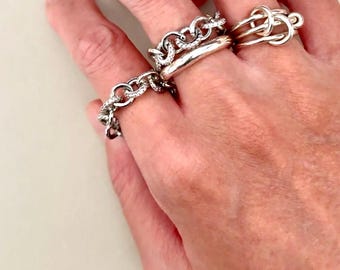 Stackable sterling silver and crystal loop-chain ring