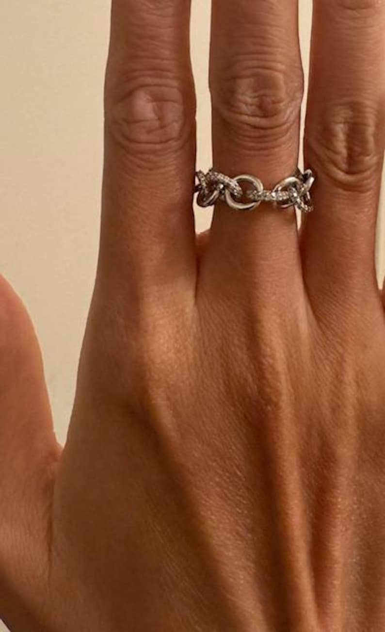 Stackable sterling silver and crystal loop-chain ring