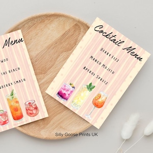 Fully Customiseable, Made To Order, Double Sided Cocktail Menu, Drinks Menu for Weddings, Parties and Celebrations. Cocktail Making Decor