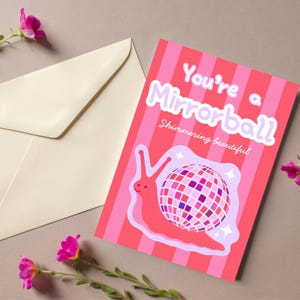 5er-Pack Wertschätzungskarten zum Thema Spiegelball. Beste Freunde Geschenk. Folklore-Themenkarten. Niedliche Schnecken Disko Ball Karten. Durchdacht Karten.