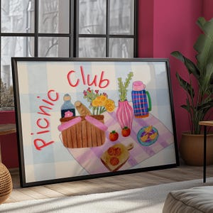 Picnic Club Gingham Checked Cute Summer Wall Art Print. Picnic Basket Food and Drink Watercolour Wall Art Piece