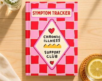May include: A rectangular notebook with a pink and red checkered pattern. The cover features a central diamond shape containing the text "SYMPTOM TRACKER" at the top, and "CHRONIC ILLNESS SUPPORT CLUB" in the center, accented by two small red hearts.