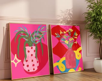 Strahlende, maximalistische Blumenvasen-Galeriewandkunst. Zeitgenössische Dopamin-Dekorationsdrucke.