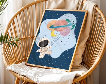 Astronauten en planeten kunstafdruk, kinderkamer decor ruimte
