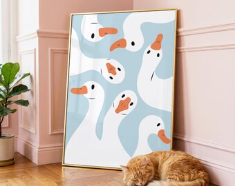 Silly Goose Print: Blue and White Animal Wall Art