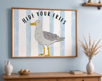 Seagull Beach Print: Blue Striped Nautical Wall Art