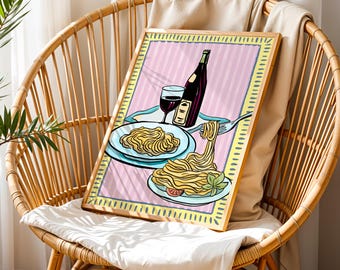 Eclectic Spaghetti Wall Art Print. Kitchen Pasta Meal Artwork Poster