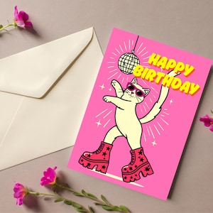 Paquet de 5 cartes d'anniversaire roses poney club boule disco. Chat dansant, ensemble de papeterie pour amoureux des chats, cartes de fête amusantes. Joyeux anniversaire