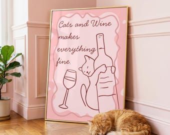 Cats and Wine Line Art Print: Red & Pink - Cat Lover Decor