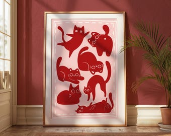 Red and Pink Cats Gallery Wall Art Print: Trendy Cat Lover Gift