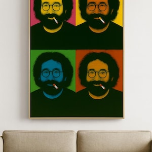 May include: Pop art style framed print featuring four panels of the same man with glasses, a beard, and a cigarette. Each panel has a different colored background: pink, yellow, green, and orange. The man is wearing a black shirt.