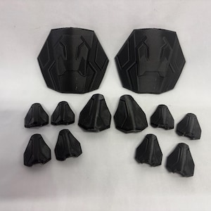 May include: A collection of black, geometric-shaped components, likely for a larger assembly. The set includes two large, shield-like pieces and several smaller, triangular or cone-shaped parts. The items are arranged on a white surface.
