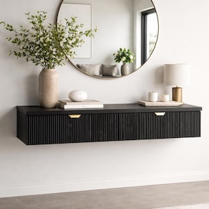 Moderne gecanneleerde zwevende ijdelheid-wandmontage make-up console-minimalistische geribbelde kaptafel-aangepaste handgemaakte zwart-entryway tafel-dressing