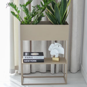Può includere: Un portavasi in metallo beige con due ripiani. Il ripiano superiore ha un vaso con due piante verdi. Il ripiano inferiore ha un oggetto decorativo bianco e due libri con il testo "PARIS" e "NEW YORK".