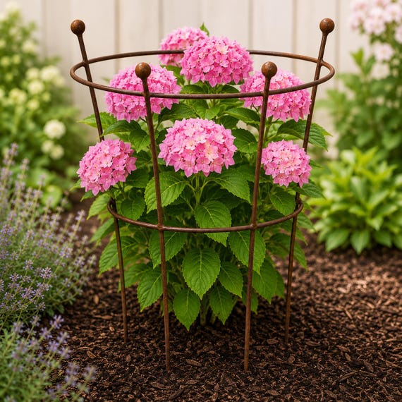 Pfingstrose Stützring, rostiges Metall Pflanzenstütze, Hortensie Stützkäfig, Blumenstütze für Dahlien, Bauerngarten Dekor Blumenstütze