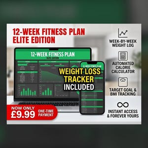 May include: A digital 12-Week Fitness Plan Elite Edition displayed on a laptop and smartphone screen. The interface features green and black charts, weight loss tracker text, and icons for weight logs, calorie calculators, and BMI tracking.