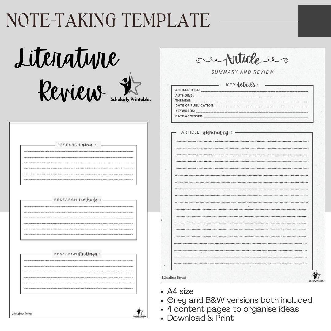 Printable Literature Review Notetaking Template instant Download and