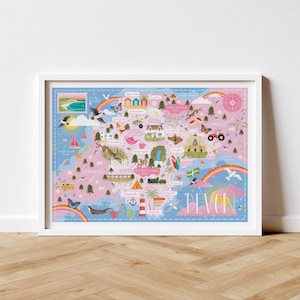 May include: A framed map of Devon, England, in pink and blue. The map is illustrated with icons of landmarks, animals, and attractions. The word "Devon" is written in a decorative font. The map is in a white frame.