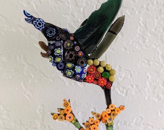 Mosaic Bird *** on metal base *** stained glass *** Italian Millefiori glass *** glass beads ***  mount on a place of your choice