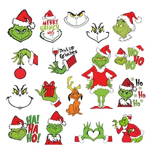 Pode incluir: Uma coleção de ilustrações com o tema do Grinch, mostrando o personagem verde em várias poses, incluindo com gorro de Papai Noel, segurando um enfeite vermelho, um presente ou uma taça de vinho, com textos como Merry Grinchmas e Ho Ho Ho.