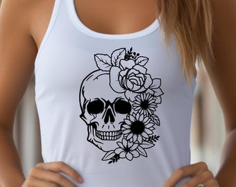 Floral Skull Tee Tank Top Shirt, Motorcycle, Rider, Biker, Tribal, Skull, Flames, Sportbike, Harley