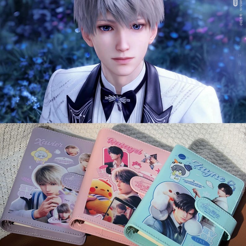 May include: Three ring-bound notebooks in lavender, pink, and light blue, each featuring a different anime-style character. The lavender notebook is labelled "Xavier", the pink "Patayel", and the blue "Zayne". Each notebook has a different character image.