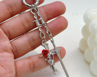 Gothic Sword Rose Cross Keychain | Thorns Chain Bag Charm | Dark Academia Emo Punk Accessory | Silver Tone Red Rose Pendant