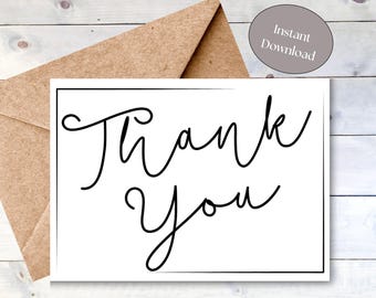 May include: A white card with a black border and the text "Thank You" written in a cursive font.