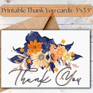 Afdrukbare bedankkaart, instant download pdf, blauworanje goud bedankkaart, bloemen bedankkaart afdrukbaar, gratis envelopsjabloon