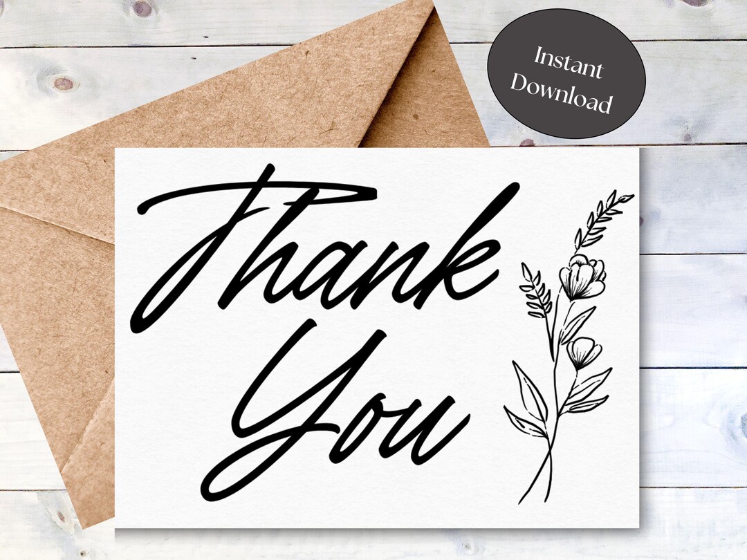 Printable Thank You Card, Instant Download PDF, Black and White Thank ...