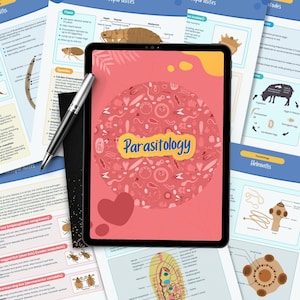 May include: A digital tablet displaying the word "Parasitology" in a yellow banner, surrounded by a pink background with various illustrations. A black pen rests on the tablet, with several printed sheets of paper with diagrams and text in the background.