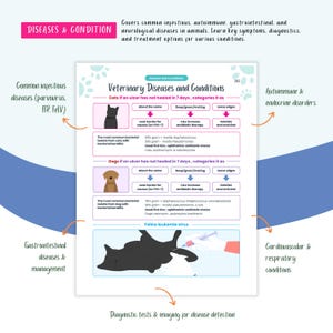Peut inclure: Une infographie color&eacute;e intitul&eacute;e "Maladies et affections v&eacute;t&eacute;rinaires" avec des illustrations de chats et de chiens. L'infographie couvre les maladies infectieuses, auto-immunes, gastro-intestinales et neurologiques courantes chez les animaux. Elle comprend &eacute;galement des informations sur les tests de diagnostic et l'imagerie pour la d&eacute;tection des maladies.