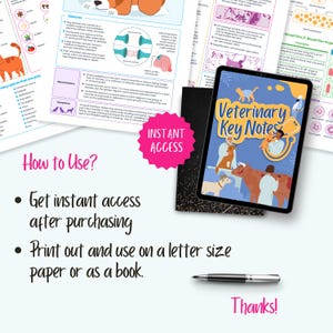Peut inclure: Une tablette num&eacute;rique affichant une illustration color&eacute;e d'un v&eacute;t&eacute;rinaire examinant une vache, un chien et un cheval. Le texte "Veterinary Key Notes" est affich&eacute; sur la tablette. La tablette est sur un fond noir et blanc avec un stylo et un papier avec le texte "Acc&egrave;s instantan&eacute;" et "Comment utiliser?" imprim&eacute; dessus.