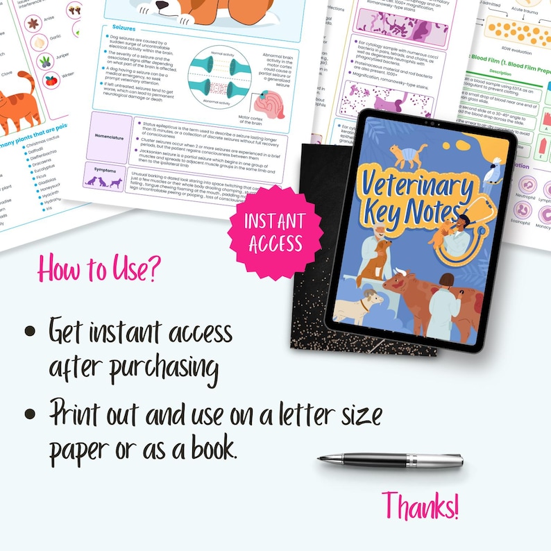 Peut inclure: Une tablette num&eacute;rique affichant une illustration color&eacute;e d'un v&eacute;t&eacute;rinaire examinant une vache, un chien et un cheval. Le texte "Veterinary Key Notes" est affich&eacute; sur la tablette. La tablette est sur un fond noir et blanc avec un stylo et un papier avec le texte "Acc&egrave;s instantan&eacute;" et "Comment utiliser?" imprim&eacute; dessus.