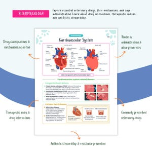 Peut inclure: Une infographie color&eacute;e sur la pharmacologie v&eacute;t&eacute;rinaire, ax&eacute;e sur le syst&egrave;me cardiovasculaire. L'infographie comprend des illustrations du c&oelig;ur, une description des principaux composants du c&oelig;ur des mammif&egrave;res et une liste des maladies li&eacute;es au syst&egrave;me cardiovasculaire. L'infographie comprend &eacute;galement des informations sur les classifications des m&eacute;dicaments, les m&eacute;canismes d'action, l'index th&eacute;rapeutique, les interactions m&eacute;dicamenteuses, les voies d'administration, les taux d'absorption et la gestion des antibiotiques.