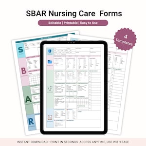 Può includere: Un'immagine dei moduli di assistenza infermieristica SBAR. L'immagine include un tablet che mostra un modulo di referto infermieristico, con moduli stampati aggiuntivi sullo sfondo. I moduli sono etichettati con il testo "SBAR Nursing Care Forms" e le parole "Editable | Printable | Easy to Use".