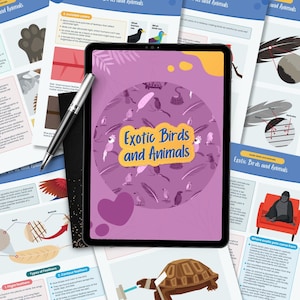 Puede incluir: Una tableta que muestra "Exotic Birds and Animals" con ilustraciones de aves y plumas. Páginas impresas con diagramas y texto sobre aves y animales rodean la tableta. Un bolígrafo negro descansa sobre la tableta.