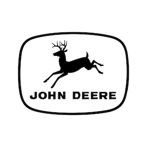 Puede incluir: Logotipo en blanco y negro de un ciervo corriendo con el texto "JOHN DEERE" debajo.