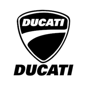 May include: Black and white logo for Ducati, a motorcycle manufacturer. The logo features a shield shape with a white curve and the word "DUCATI" in white letters.