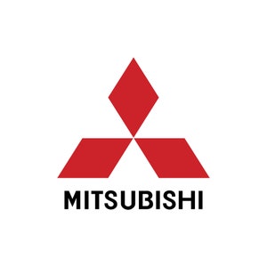 May include: The Mitsubishi logo features three red diamond shapes, with the top diamond pointing upwards and the two bottom diamonds pointing outwards. The word "MITSUBISHI" is written in black below the diamonds.