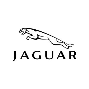 Könnte beinhalten: Schwarzweißes Logo eines springenden Jaguars mit dem Wort "JAGUAR" in schwarzem Text darunter.