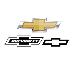 May include: A gold and silver Chevrolet logo with a black and white version of the logo below it. The word "CHEVROLET" is written in white letters on a black background.