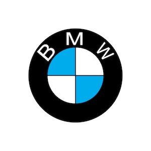 May include: Black and white logo with the letters BMW in white around a blue and white propeller design.