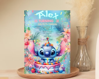 May include: A birthday invitation featuring a blue Stitch character from Lilo & Stitch sitting on a colorful cake with pink frosting. The invitation is decorated with tropical flowers and confetti. The text on the invitation reads "Alex is turning 3! Join us to celebrate. Sat August 3rd 1-3pm Alex House 123 Street City AB12 3CD 07123456789"