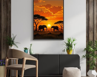 May include: Framed art print depicting an African savanna scene at sunset. Two elephants are silhouetted against a bright orange sky with a large sun. Birds fly above the horizon, and trees are visible.